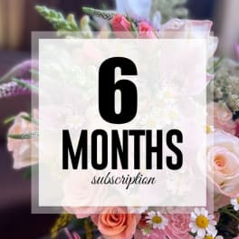Pink and white flower bouquet with a "6 months subscription" label