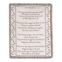 Fringed woven throw blanket with the text of Amazing Grace