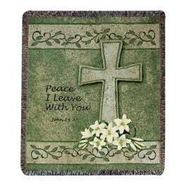 Green memorial blanket with a cross, flowers, and the words Peace I Leave With You