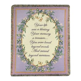 Lavender memorial throw blanket with floral border and sympathy message