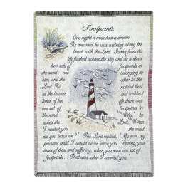 Fringed woven throw with a lighthouse and printed poem text