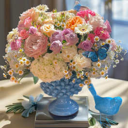 Pastel bouquet of roses, hydrangeas, and daisies in a blue vase with bird accents