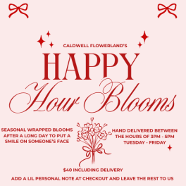Pink promotional graphic with red text and a small bouquet illustration