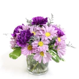 Purple and pink flowers arranged in a clear glass vase