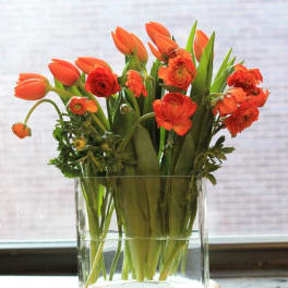 Orange tulips and ranunculus in a clear glass vase