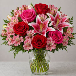 Stargazer Romance – Red & Pink Rose Lily Bouquet