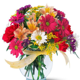 Mixed bouquet of daisies, carnations, and alstroemeria in a glass vase