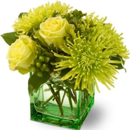 Yellow roses and green spider mums in a green glass vase