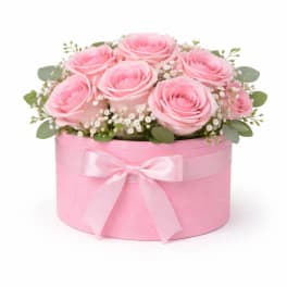 Pink roses arranged in a round pink box with a ribbon