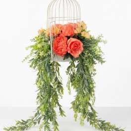 Vintage White Birdcage with Silk Flowers Draping