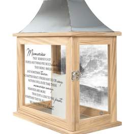 Wooden memorial lantern with a metal top and glass panels