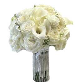 White rose and calla lily bouquet with a jeweled handle
