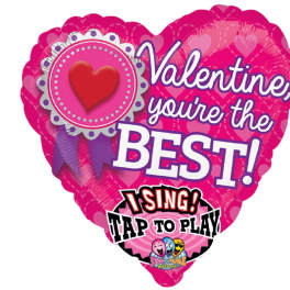 Pink heart-shaped Valentine balloon with text and a red heart graphic