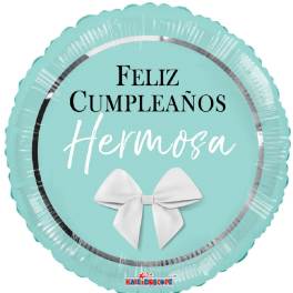 Round turquoise birthday balloon with a white bow graphic