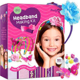 Headband making kit box with colorful floral headbands and a girl wearing one