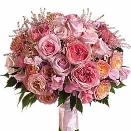 Pink rose bouquet tied with a satin ribbon