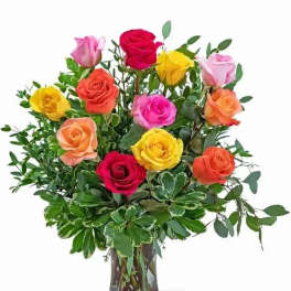 Colorful rose bouquet in a clear glass vase