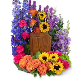 Colorful floral arrangement with sunflowers, orange roses, and purple blooms