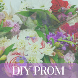 Assorted mixed flower bundles with roses, daisies, and purple blooms labeled DIY prom bundle