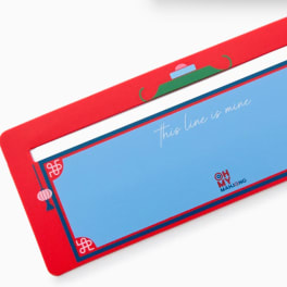 Red and blue decorative card with the words "this line is mine"