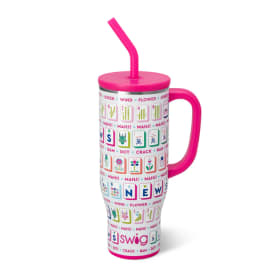 Pink handled tumbler with a straw and Mahjong-themed print