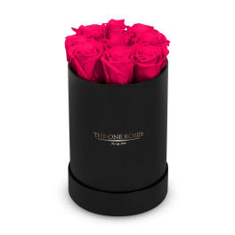 Hot pink roses in a black round box