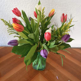 Colorful tulips arranged in a glass vase