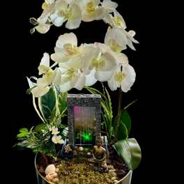 White orchid arrangement in a round metal planter with a small fountain and Buddha figurine