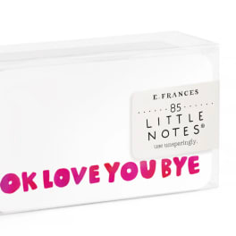 Boxed set of white note cards with pink text