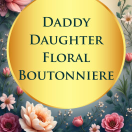 Floral boutonniere sign with pink and peach flowers around a yellow circle