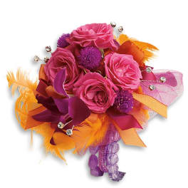 Pink rose bouquet with orange feathers and purple ribbon accents