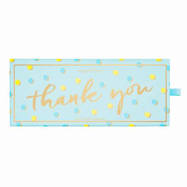Blue thank-you gift box with yellow and blue polka dots