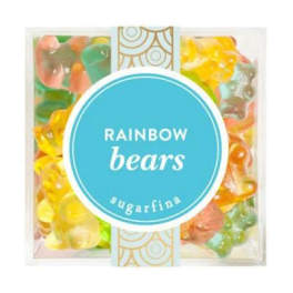 Box of rainbow gummy bears with a blue label