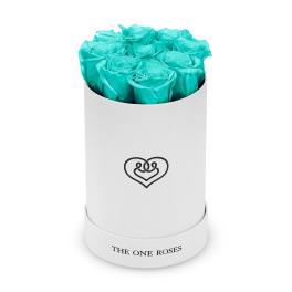 Turquoise roses in a white cylindrical box