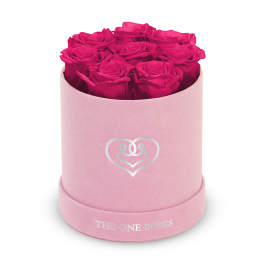 Hot pink roses arranged in a pink round box