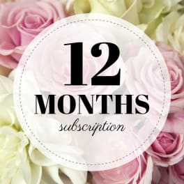 Pink and cream roses with a "12 months subscription" label
