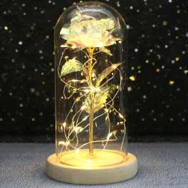 Glowing rose under a glass dome on a wooden base