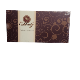Box of assorted chocolates with a brown swirl-patterned package