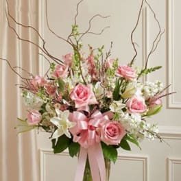 Pink Roses, white lilies and Curly Willow Bouquet