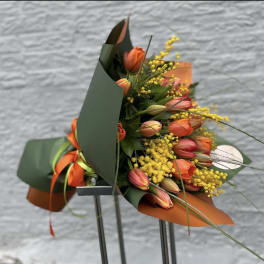 Bouquet tulips with mimosa. The photo shows a standard size.