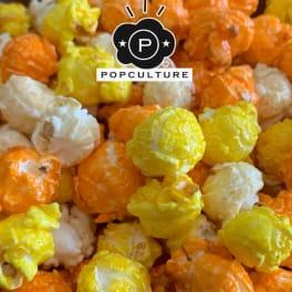 Close-up of orange, yellow, and white popcorn with a Popculture logo