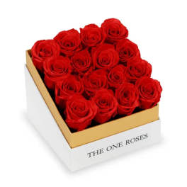 Box of red roses in a white and gold gift box