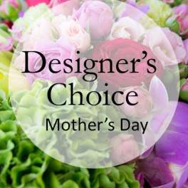 Mixed bouquet of pink, purple, and green flowers with Mother's Day text