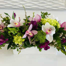 Low floral centerpiece with pink and white orchids in a white container