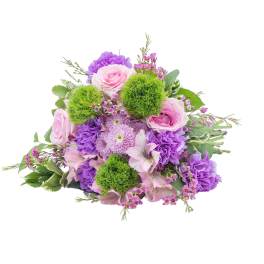 Pink and purple bouquet with green pom-pom flowers