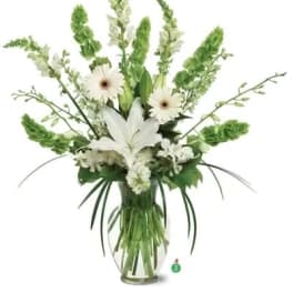 White lilies and daisies in a clear glass vase with tall green spikes