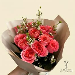 Pink rose bouquet with small white filler flowers in paper wrap