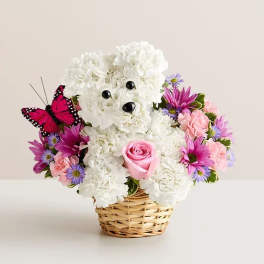 White teddy bear floral arrangement in a wicker basket with pink and purple flowers