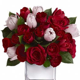 Red and pale pink roses arranged in a clear glass vase
