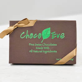 Box of Swiss chocolates tied with gold ribbon